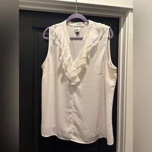 CAbi White Showstopper Ruffled Sleeveless Top